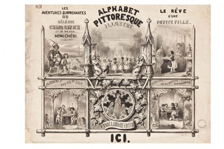 Couverture d'un alphabet ancien illustré de gravures.