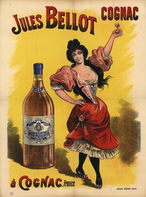 Affiche de la fin du XIXème siècle représentant une jeune femme vêtue d'une robe brandissant un verre de Cognac Jules Bellot, ainsi que, sur la partie gauche de l'image, une bouteille du même breuvage.