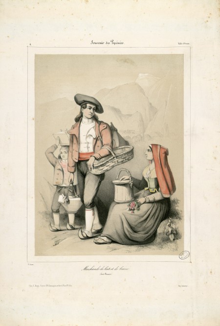 Lithographie représentant des marchands de lait et de beurre : un jeune homme, une jeune femme et un enfant en costume traditionnel des Pyrénées, et portant des paniers et des seaux.