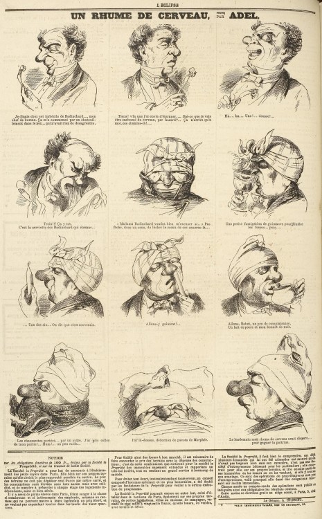 Caricatures supposées représenter une personne attiente par un rhume de cerveau et les différentes méthodes qu'il essaie de mettre en oeuvre pour s'en débarrasser, sans succès.