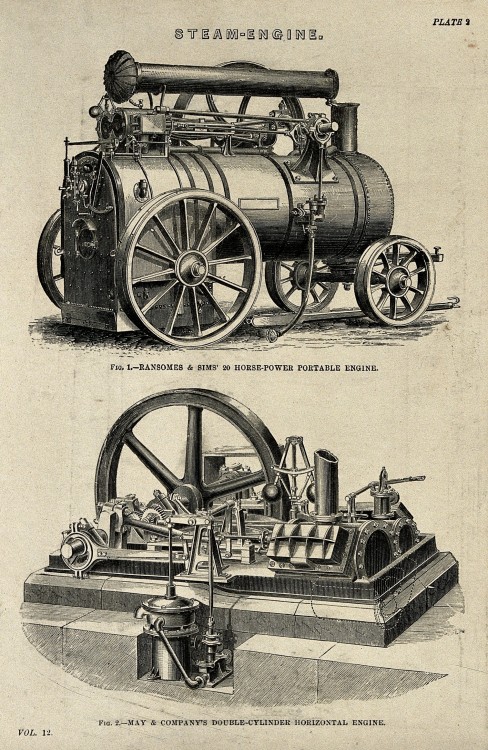Gravure ancienne représentant deux machines à vapeur.