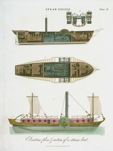 Gravure colorée représentant un bateau à vapeur.