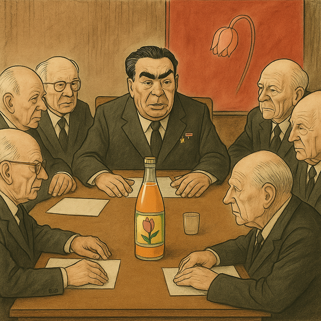 Un dignitaire de style soviétique est assis à une table, entouré de messieurs âgés et chauves.