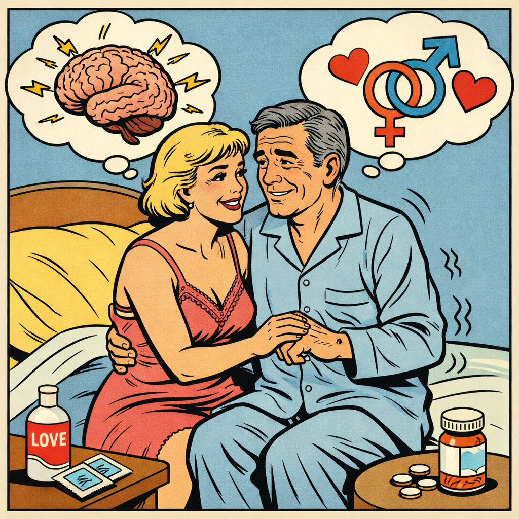 Deux amants dont l'un est atteint par la maladie de Parkinson se préparent à copuler en souriant.